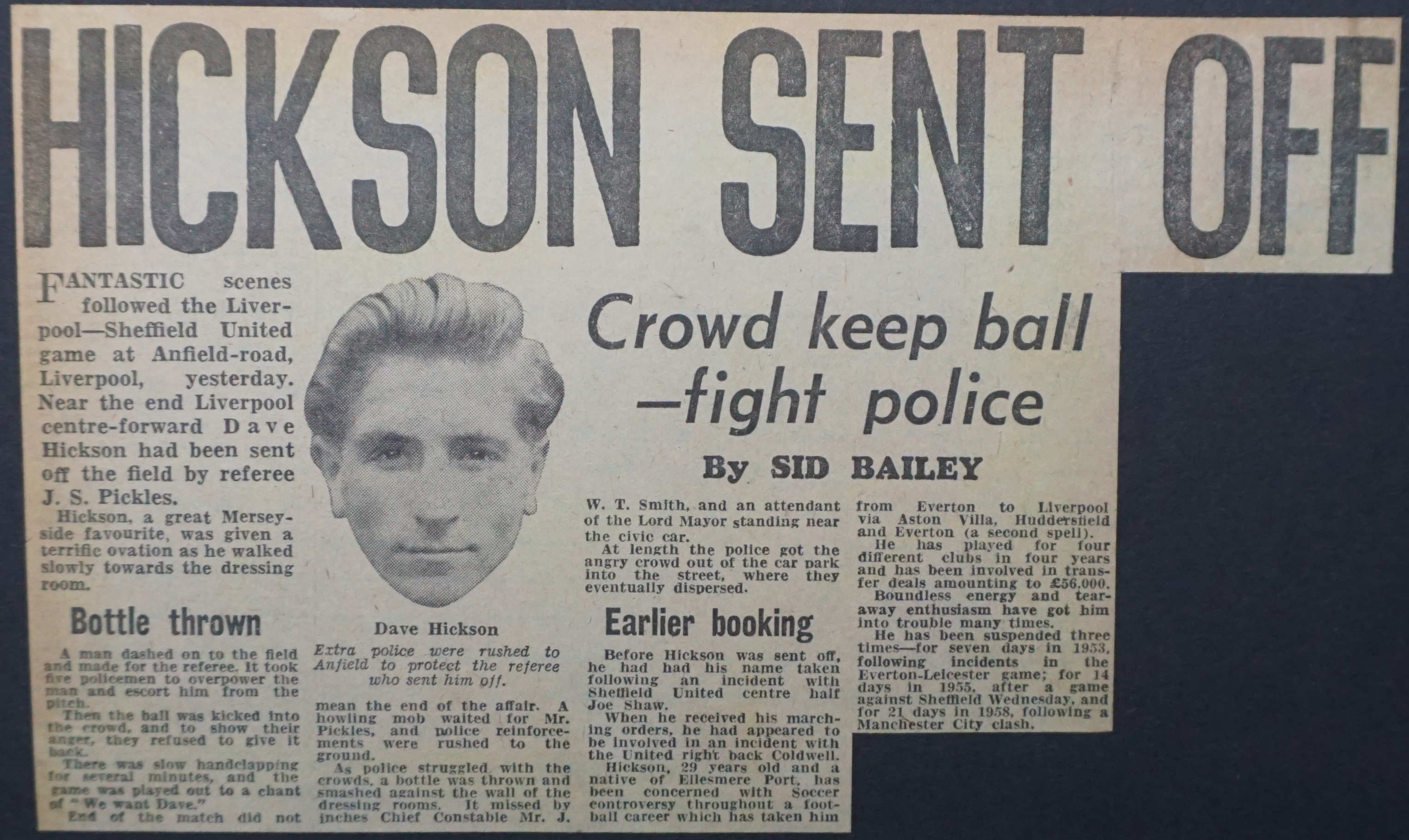 Hickson sent off! - 16 January 1960